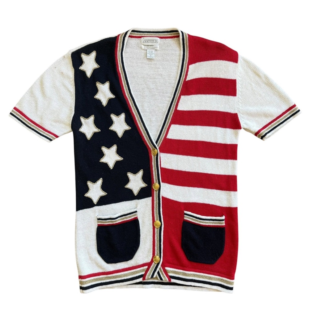 Vintage American Flag Cardigan Sweater Stars Stripes L Side Effects California